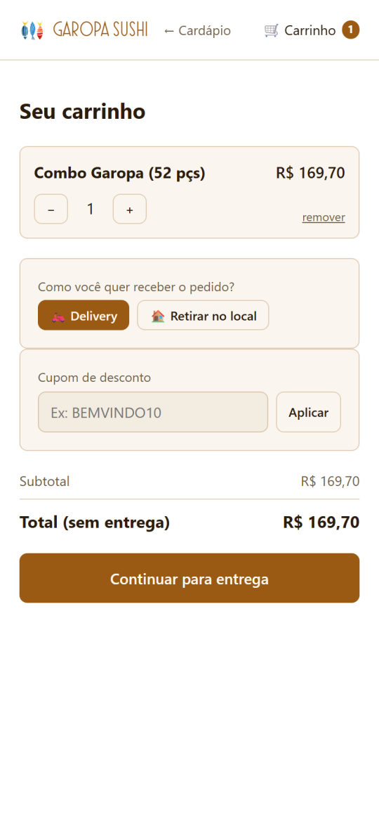 Carrinho com escolha entre entrega e retirada
