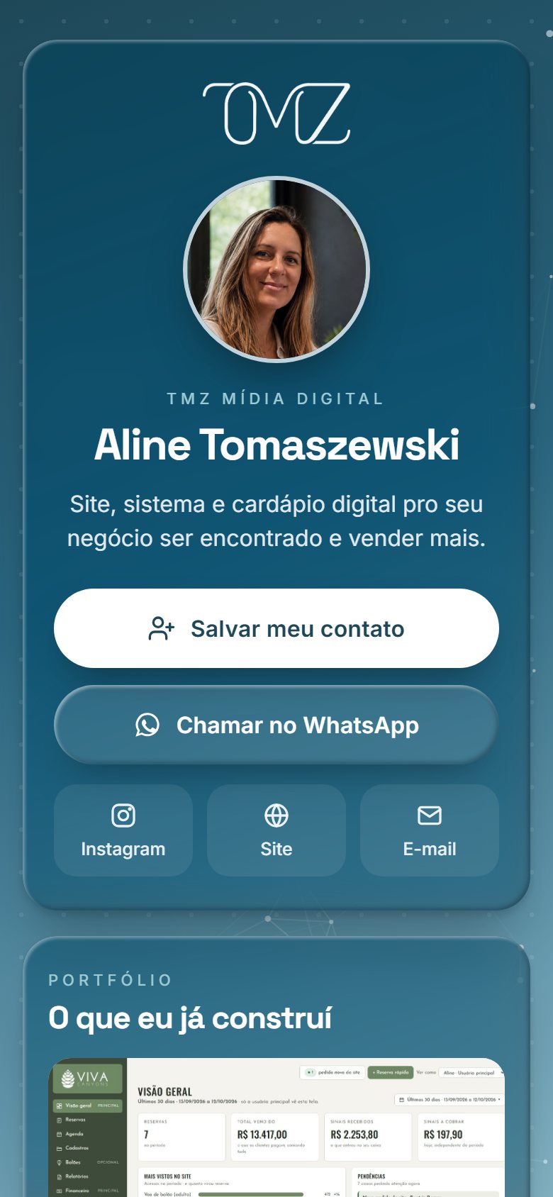 Cartão de visita digital da Aline aberto no celular
