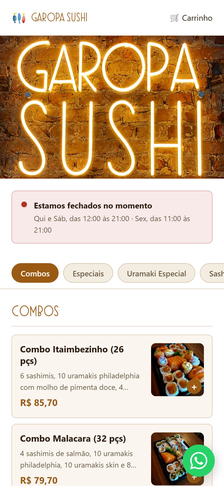 Cardápio digital do Garopa Sushi no celular