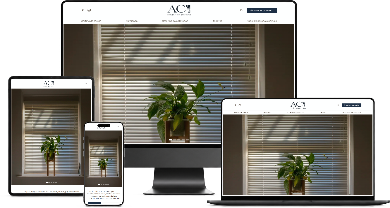 Site do Atelier da Cortina exibido em monitor, notebook, tablet e celular
